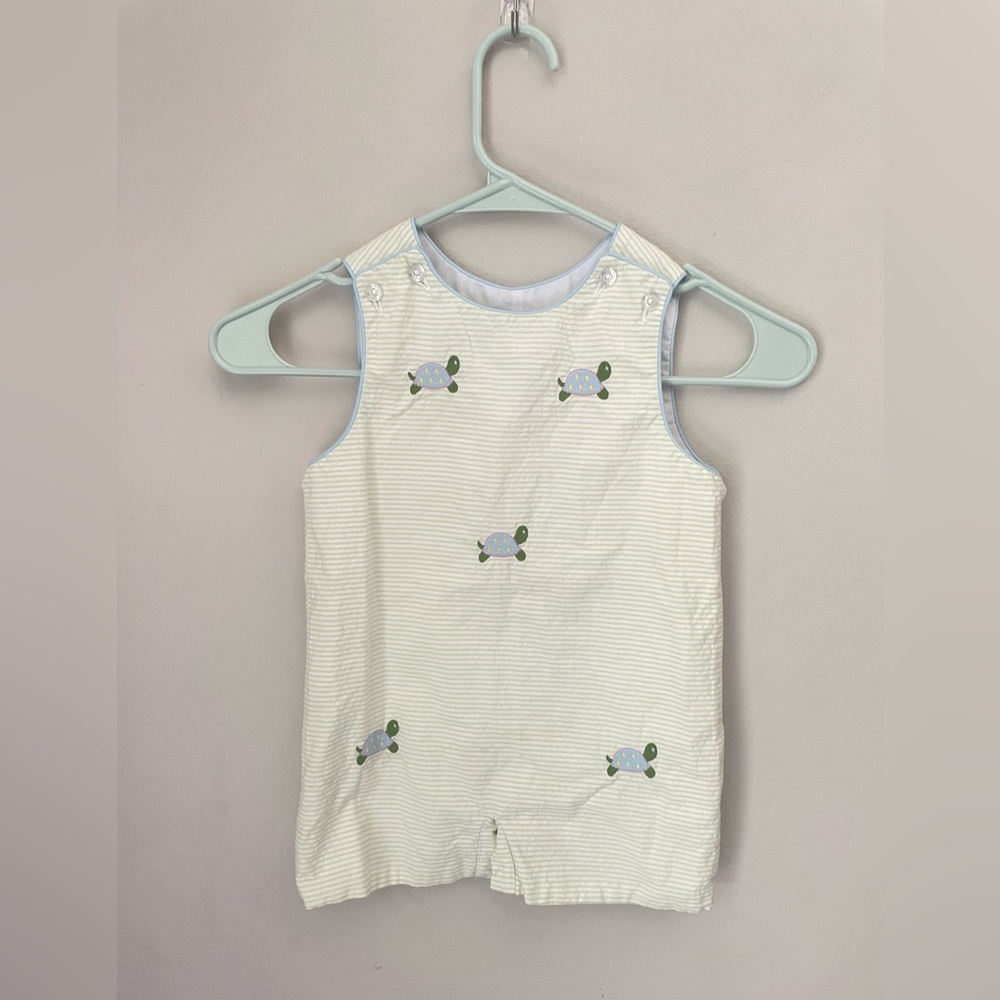 Little English Cream & Light Blue Striped Turtle Romper